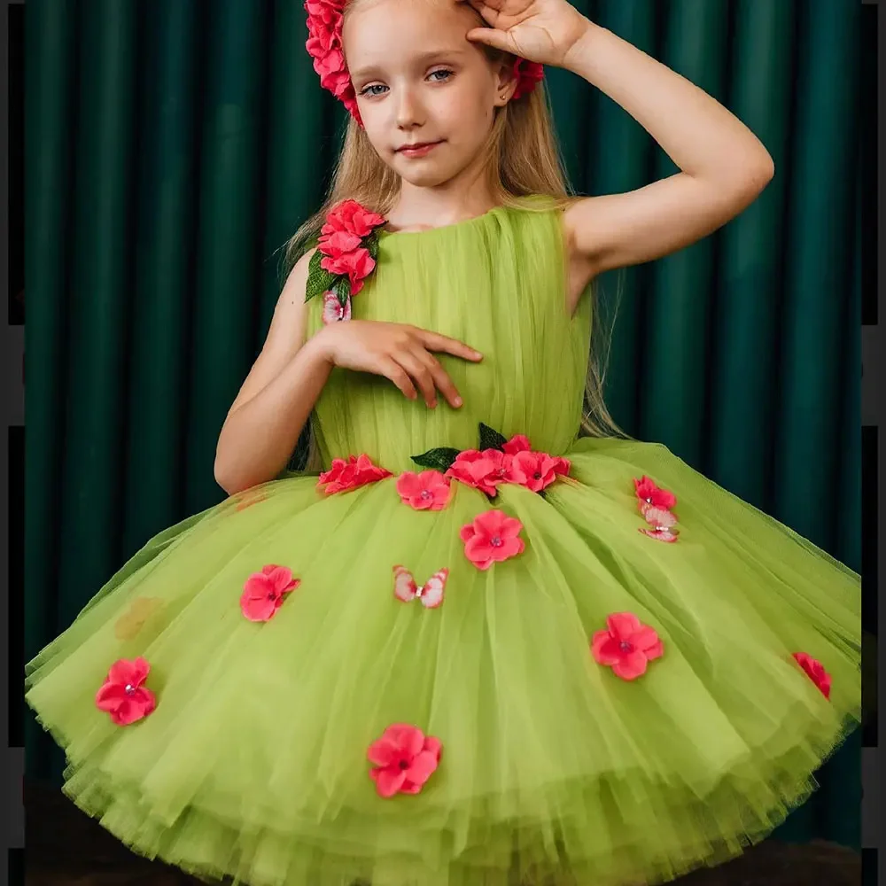 

Green Tulle Puffy With Red Applique Flower Girl Dress For Wedding Princess Kids Birthday Party First Communion Ball Gowns