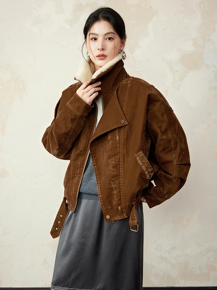 

Winter Retro Suede Warm Cotton Padded Jacket Women Solid Lapel Casual Thicken Outwears Female Fleece Zipper Loose Quilted Jacket