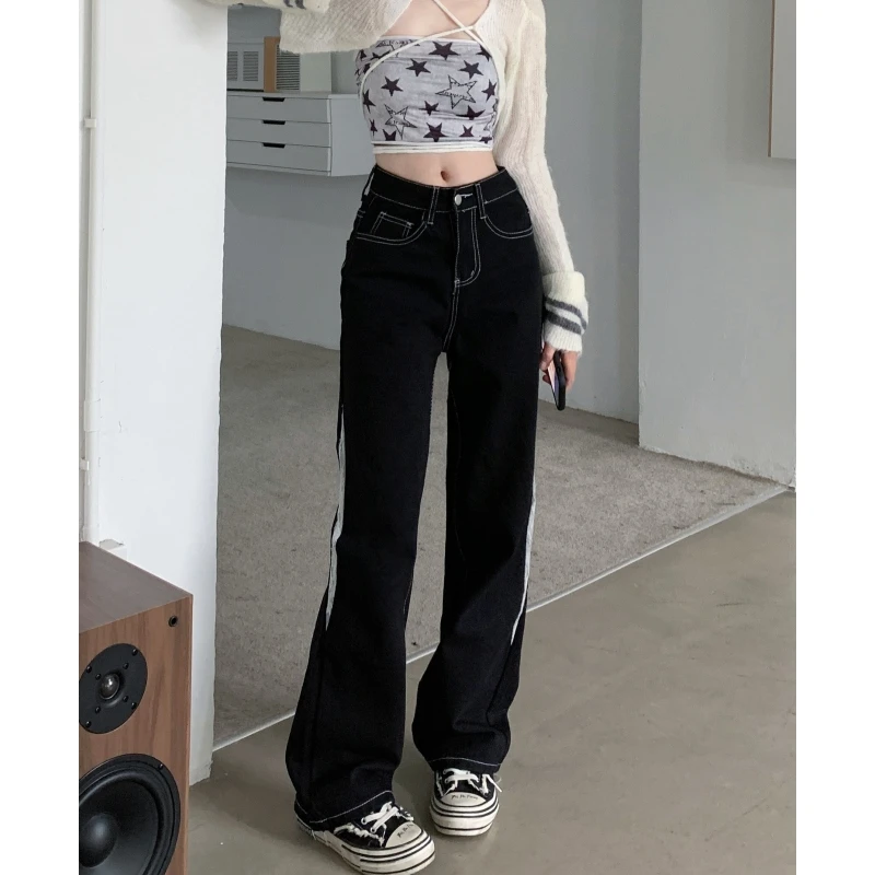 Frauen schwarze Jeans Vintage hoch taillierte amerikanische Hose mit weitem Bein Mode y2k Stil gerade neue Sommer weibliche Jeans hose