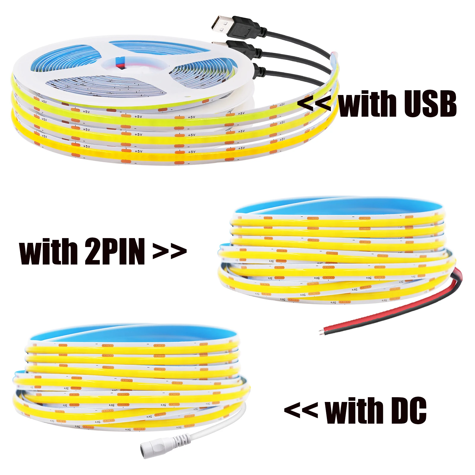 5V COB Strip With USB / DC / 2PIN 320Leds 8MM White 3000K 4000K 6000K Home Decor Cabinet Lamp Flexible Ribbon Rope LED Light