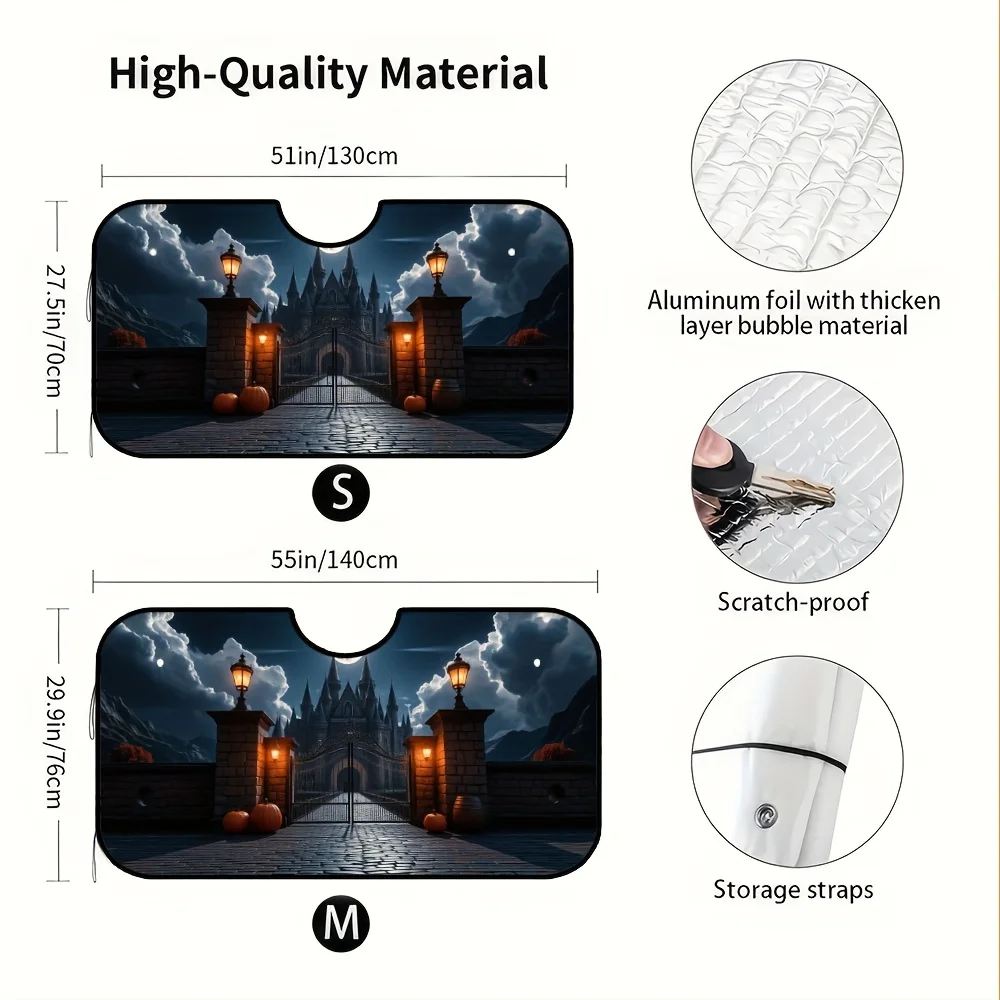 1pc, Portable Halloween Themed Car Sunshade Featuring Halloween Fantasy Castle Dragon Moon Night Pattern, Perfect For Cool Weath