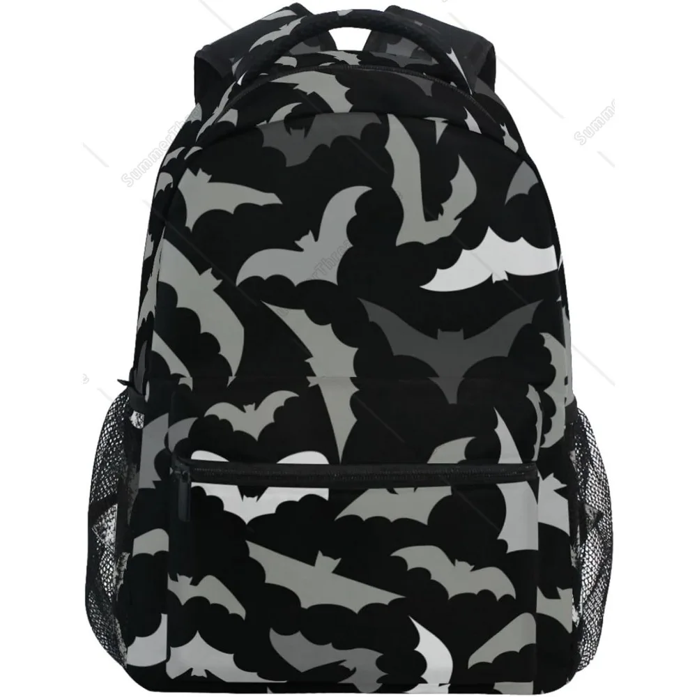 

White Gray Bats Backpack Halloween Black Bookbag Daypack Travel Hiking Camping School Laptop Bag