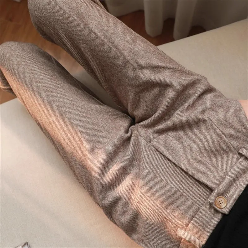 Woolen Pants Women's Harem Pencil Pants 2024 Fall/Winter High Waist Elegant Casual Black Trousers Female High Pants