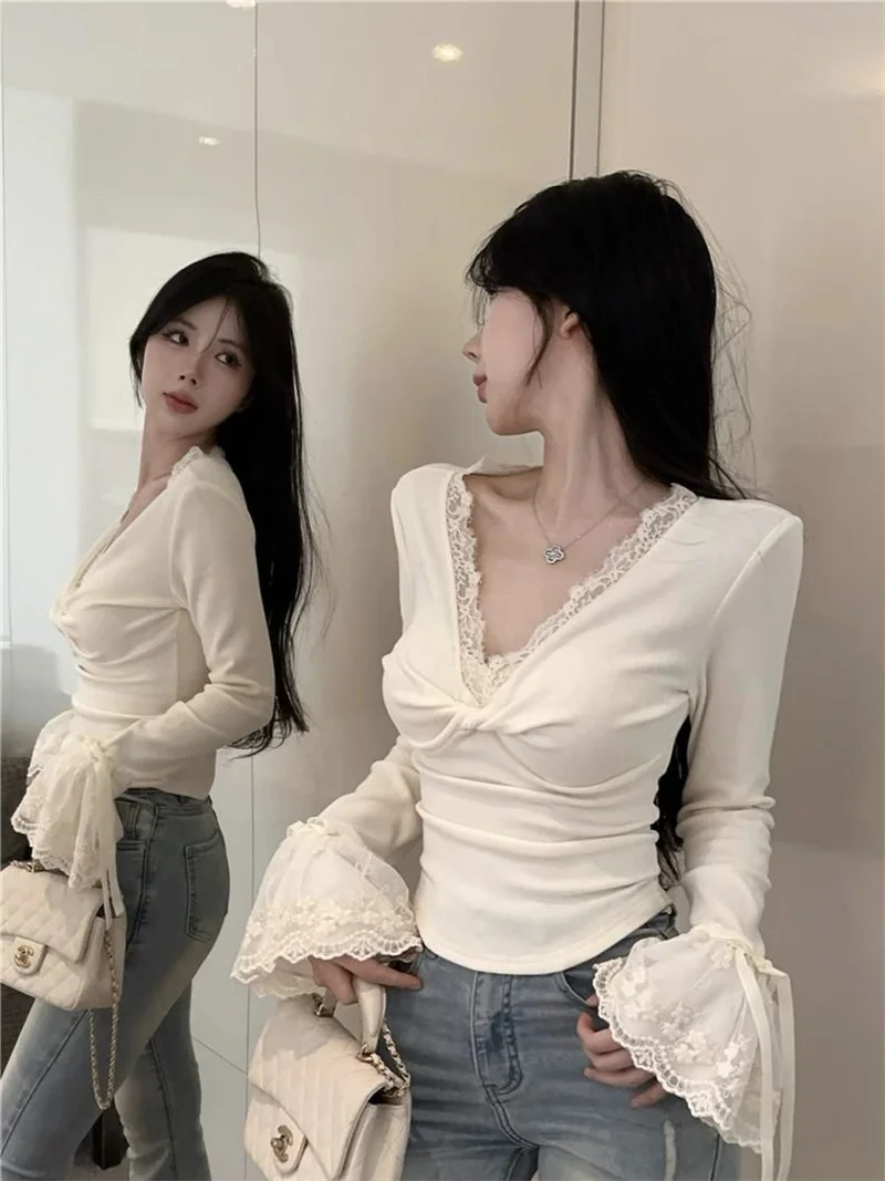 Langarm-T-Shirts für Damen, Frühling, Sommer, sonnenbeständig, schlankmachend, Academia-Stil, Patchwork, O-Kragen, feminin, plissiert, solide