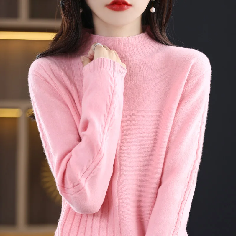 Twisted half high collar solid color new top women's pullover high-end slim fit autumn and winter Blouse