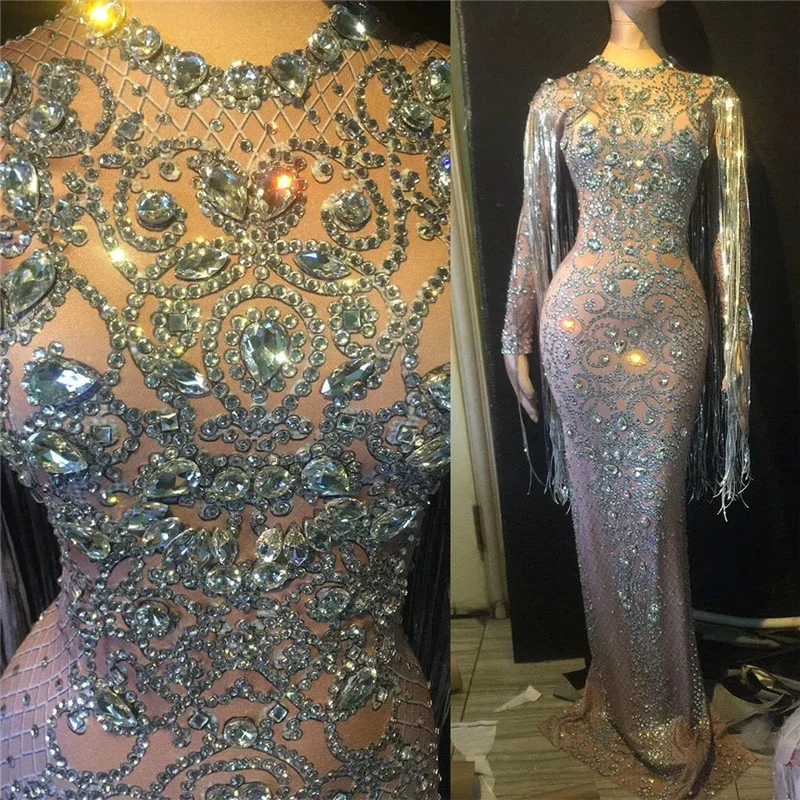 Vestido largo hasta el suelo con borla de cristal plateado para mujer, diamantes brillantes, vestidos divididos elásticos ajustados, traje de club nocturno