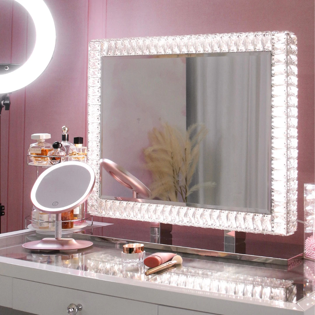 Luxury Led Bathroom Mirror Shine Diamond Crystal Mirror Wall Makeup Mirror With Led Light