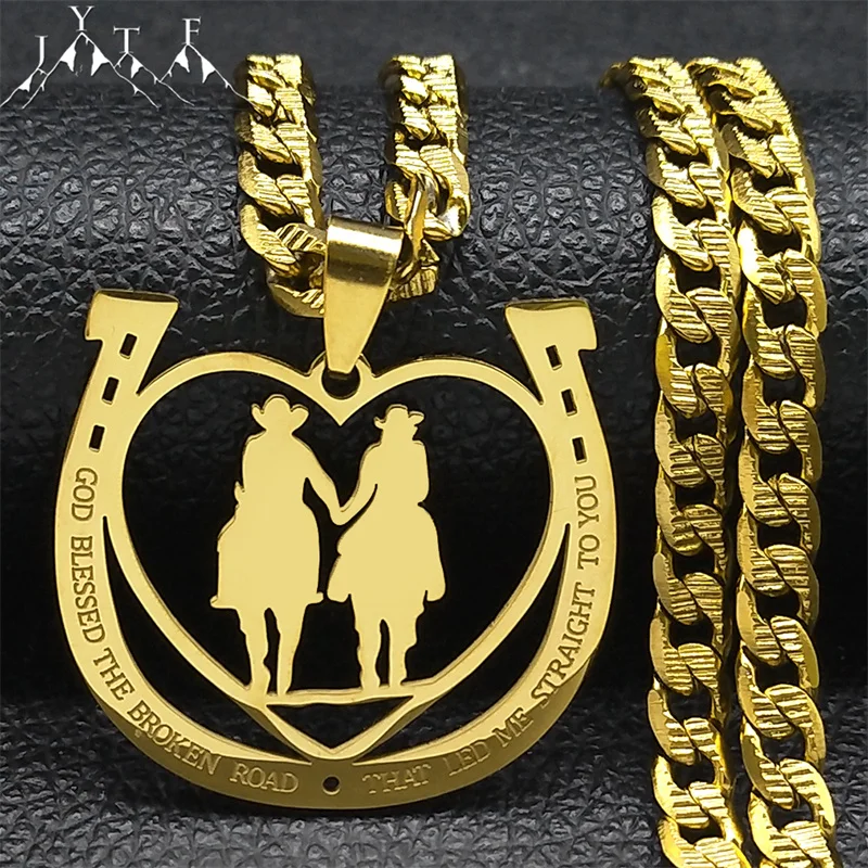 

Love Heart Couple Horse Shoe Pendant Necklace for Women Men Stainless Steel Gold Color God Blessed Lover Party Jewelry Gift 542