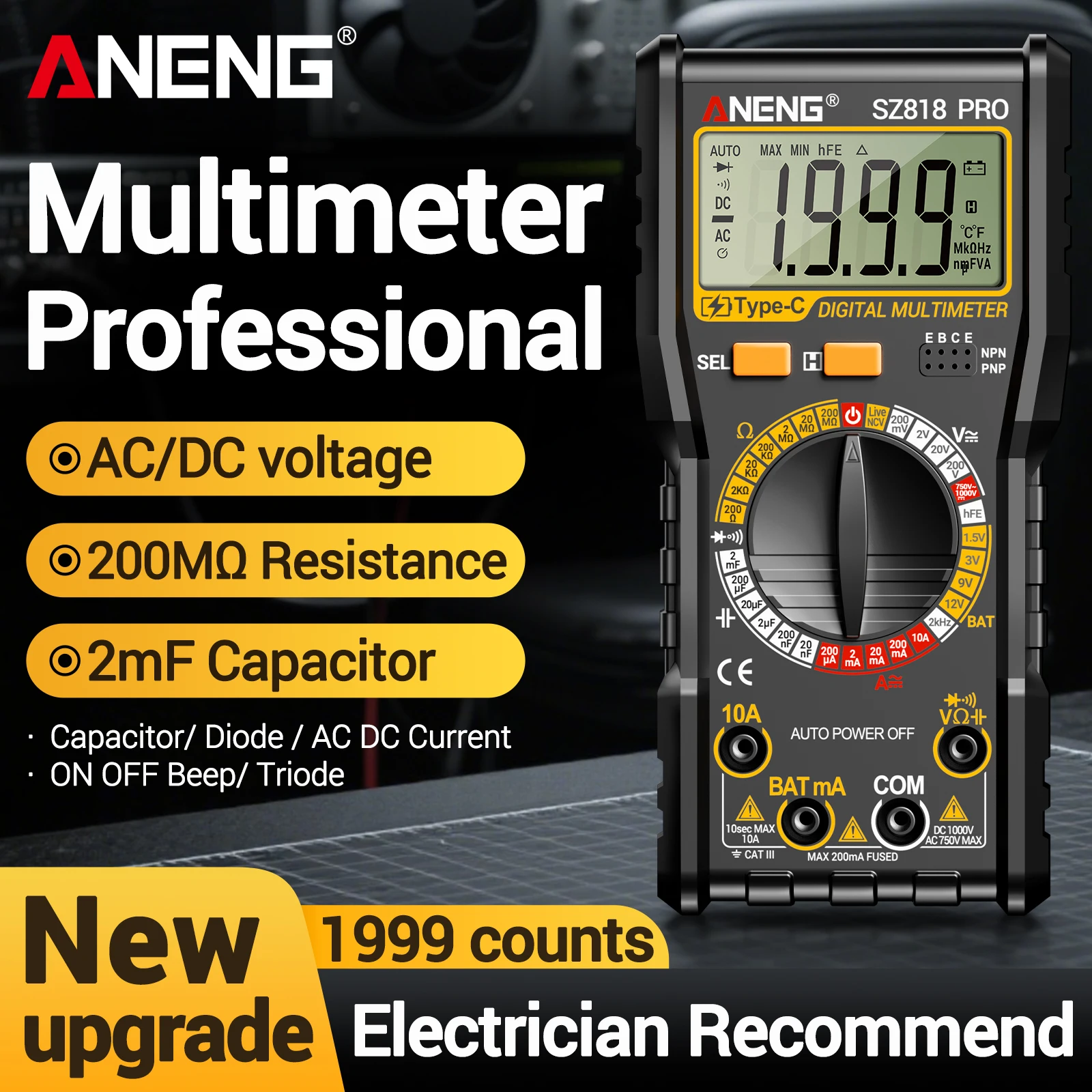 ANENG SZ818 Digital Multimeter 200MΩ Resistance Measurement NCV Neutral Wire Identification On/Off Buzzer Electrician Multimeter