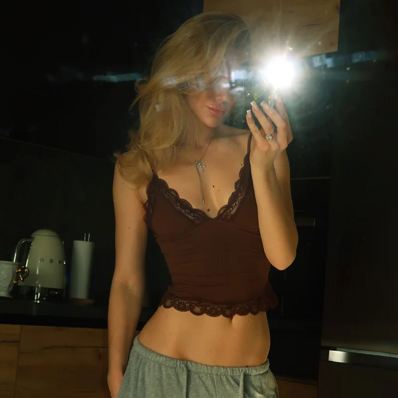 HOTSHOT  Sexy Strapless Lace Top For Women V neck Slim Navel Exposed Tanks Hot Girl Club Party Clothes Solid Summer Fashion