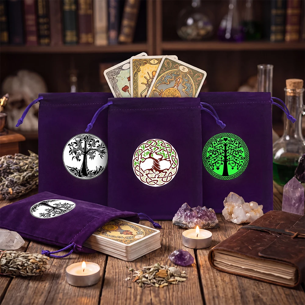 Tarot Card Pouch Velvet Drawstring Bag Tree of Life Pattern Storage Bag for Oracle Cards Divination Supplies Party Game Gifts