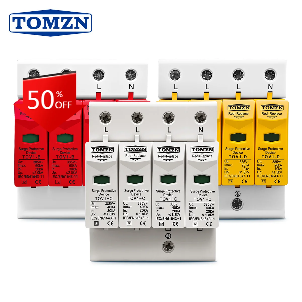 TOMZN AC SPD 4P 3P+N 10-20KA 20-40KA 30-60KA 275V 385V House Surge Protector Protective Low-voltage  Arrester Device