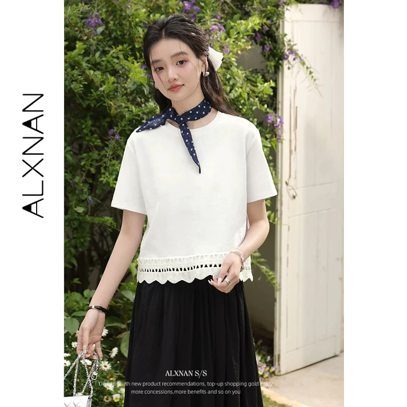 

ALXNAN Women's T-shirt 2026 Summer Loose-fit Short Sleeve T-shirts Round Neck Casual Hollow-out Lace Spliced Tops Ladies L55015