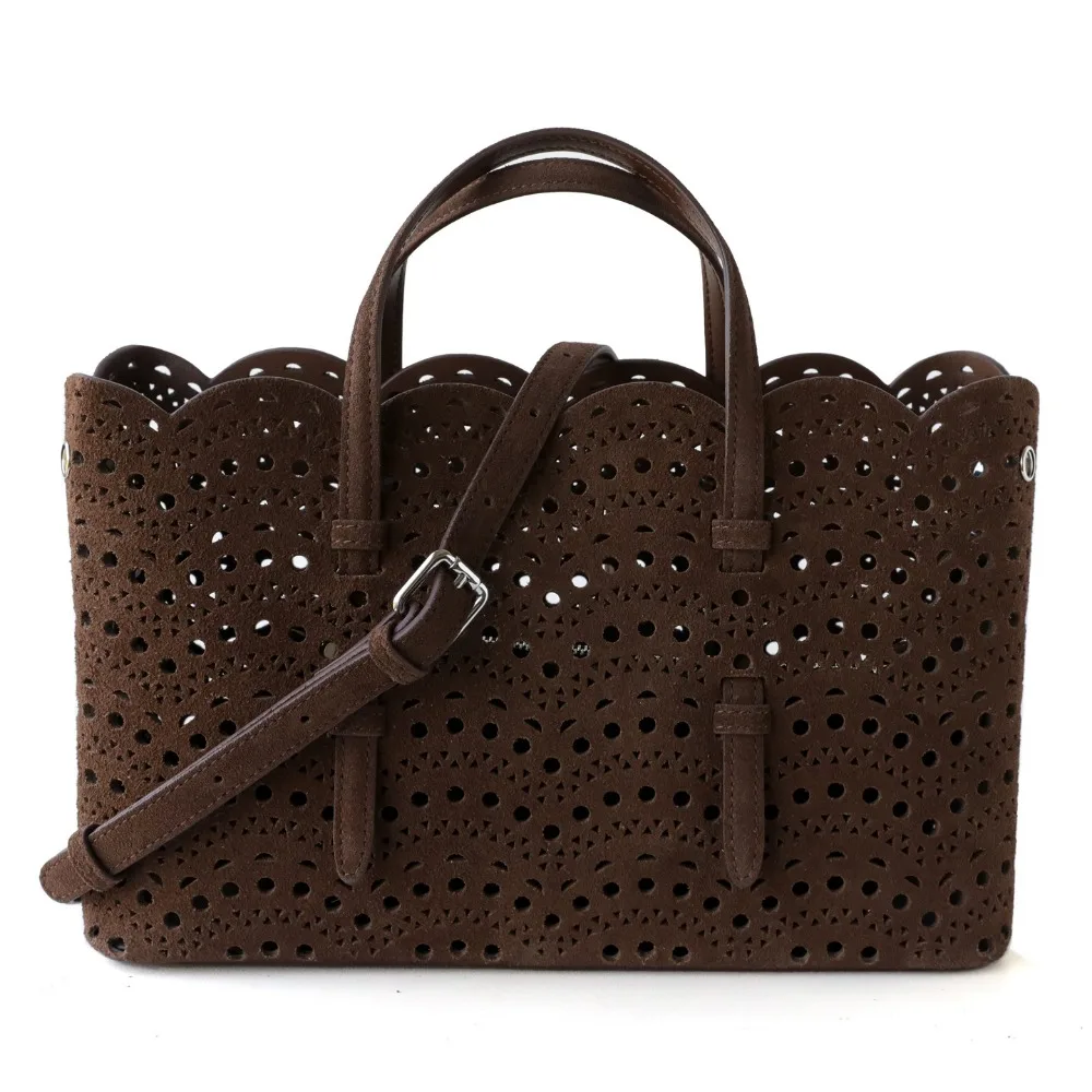 

New Suede Hollow Matte Cowhide Handbag, High-end Niche Large Capacity Vegetable Basket, One Shoulder Crossbody Tote Bag Woman