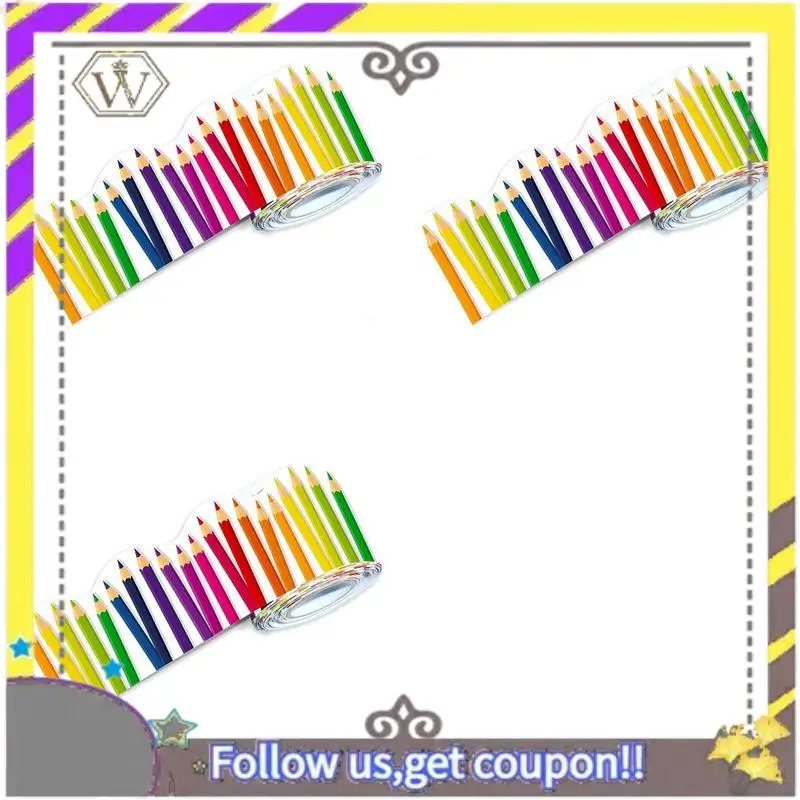 AU33-3 Roll 59Ft Self Adhesive Bulletin Board Borders Scalloped Border Trim With Pencil Patterns For Classroom Office Decor