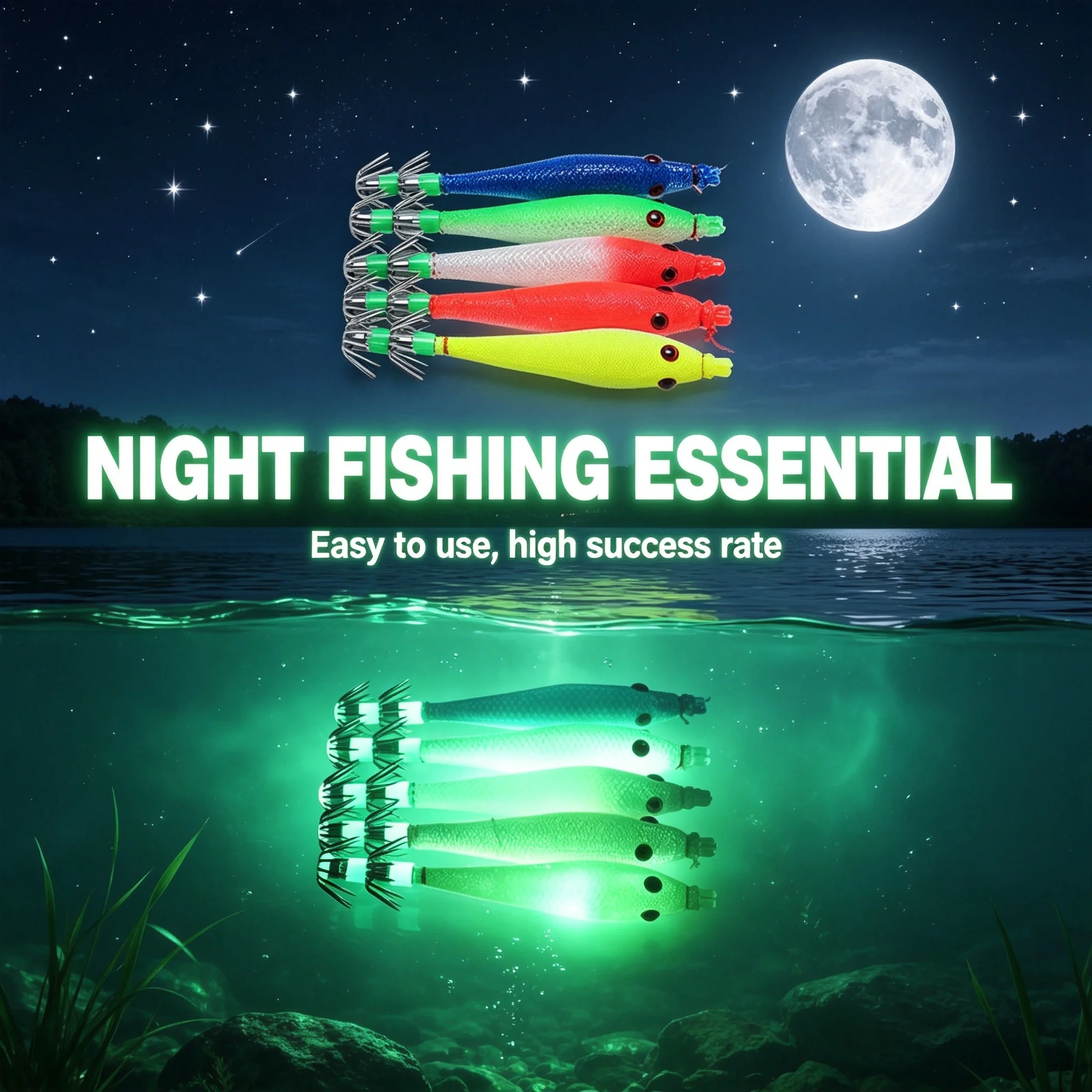 Glow-in-Dark Soft Squid Jig Lure with 3D Lifelike Simulation Fish Eyes And Sharp Metal Umbrella Hook for Night Fishing