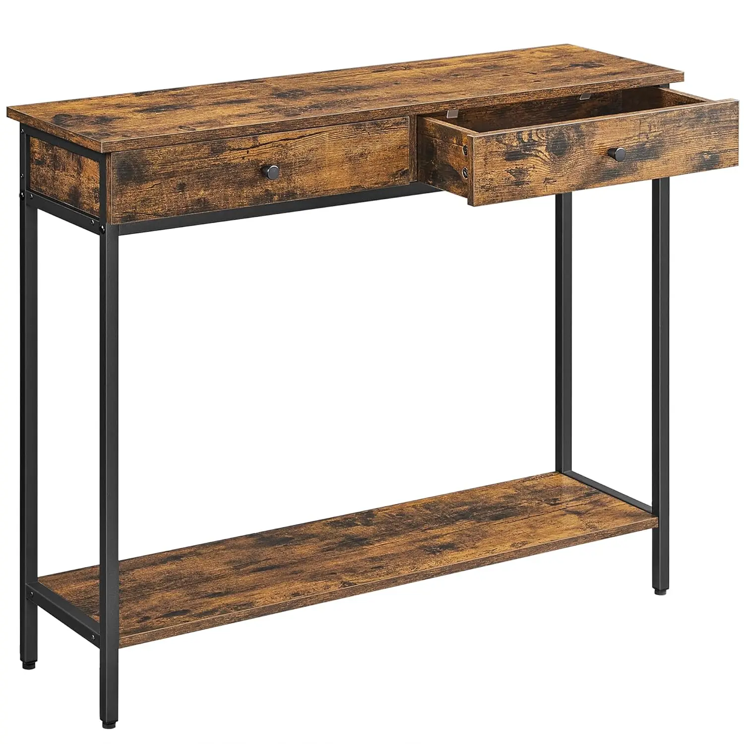 Mesa Consola Industrial de 2 Cajones con Estructura de Acero, Estable, para Pasillo, Dormitorio, Sala de Estar, Color Marrón Rústico y Negro, Personalizable