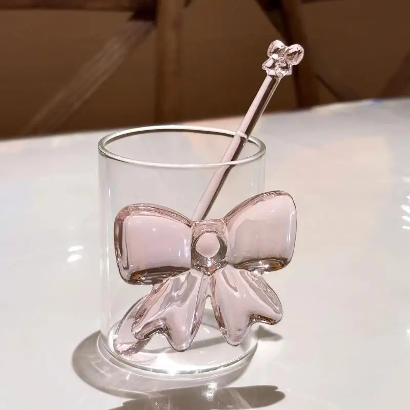 Pink Bow Glass Coffee Spoon, Long-handled Dessert/milk Tea Stirring Spoon, Heat-resistant Teaspoon, Household Kitchen Tool.