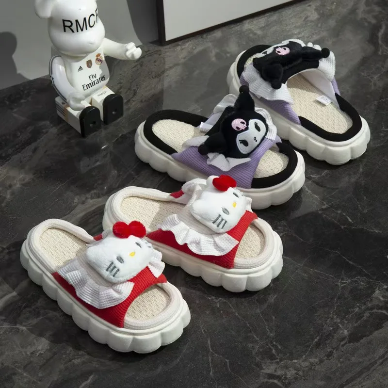 Sanrio Hello Kitty Platform Shoes Women Luxury Design Linen Bottom Breathable Fuzzy Slippers Y2k Female Cartoon Trend Flat Shoe