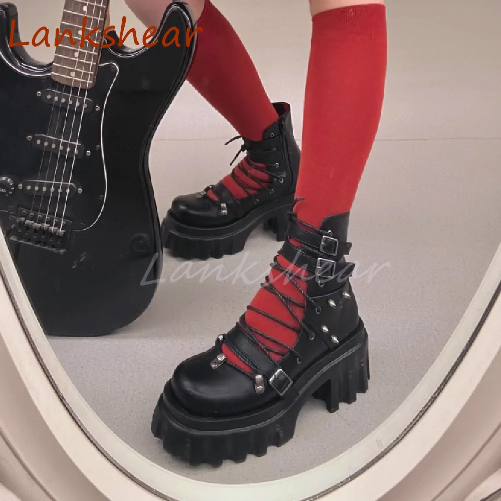 Belt Buckle Thick Sole Women Boots Shallow Ankle Punk Solid Fashion Genuine Leather Summer Niche Design Women Shoes New Arrivals