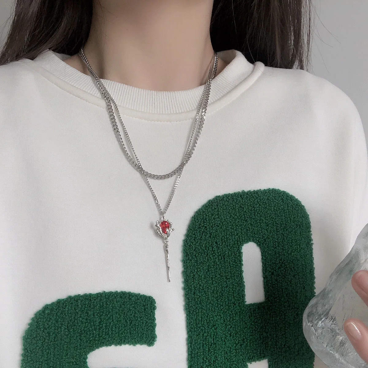 Two Layer Mixed Chain Silver Necklace, Irregular Frame Red Crystal Thorn Pendant Gothic Cool Stack Collarbone Jewelry for Women