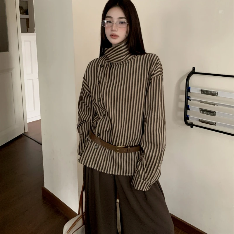 

Deeptown Brown Striped Elegant Vintage Women Shirts Long Sleeve Korean Fashion Office Lady Blouses Loose Asymmetrical Casual