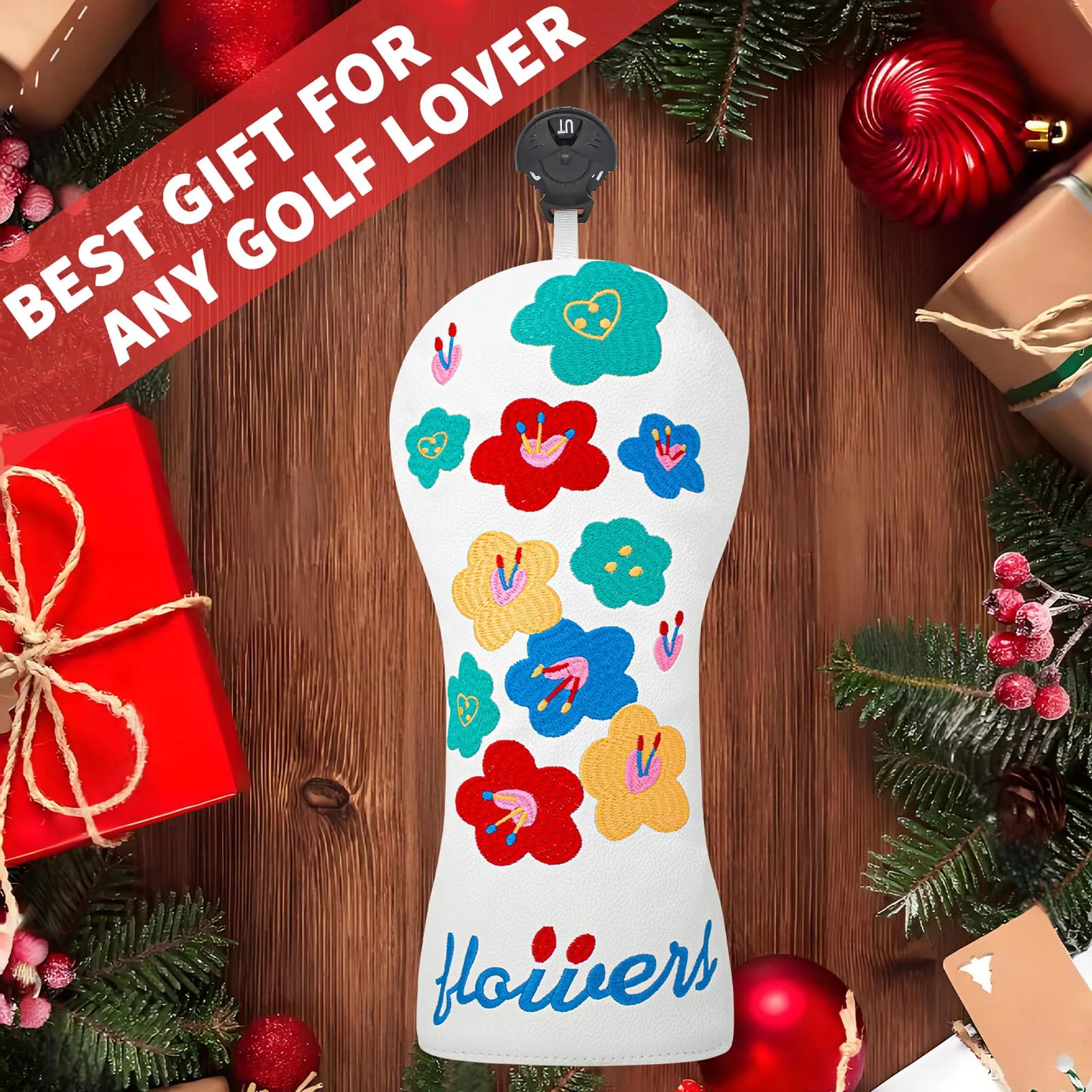 Flower Embroidery Water Resistant PU Leather Golf Club Head Cover Elastic Band Headcover with Velvet Lining for Golfing Training view 5