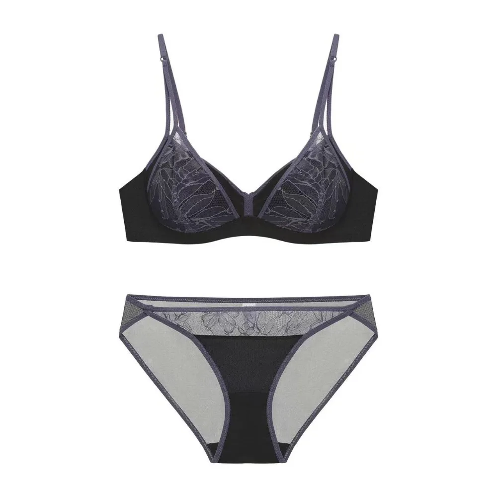 BANERDANNI Contrast Color Lace Triangle Cup Bra Set Women Summer Thin Wireless French Style Push‑Up Pure Sexy Lingerie Underwear