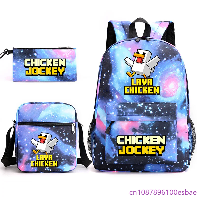 

New Cartoon Chicken Jockey Backpack Boys Girls School Three Piece Rucksack Shoulder Bag Pencil Bag School Bag