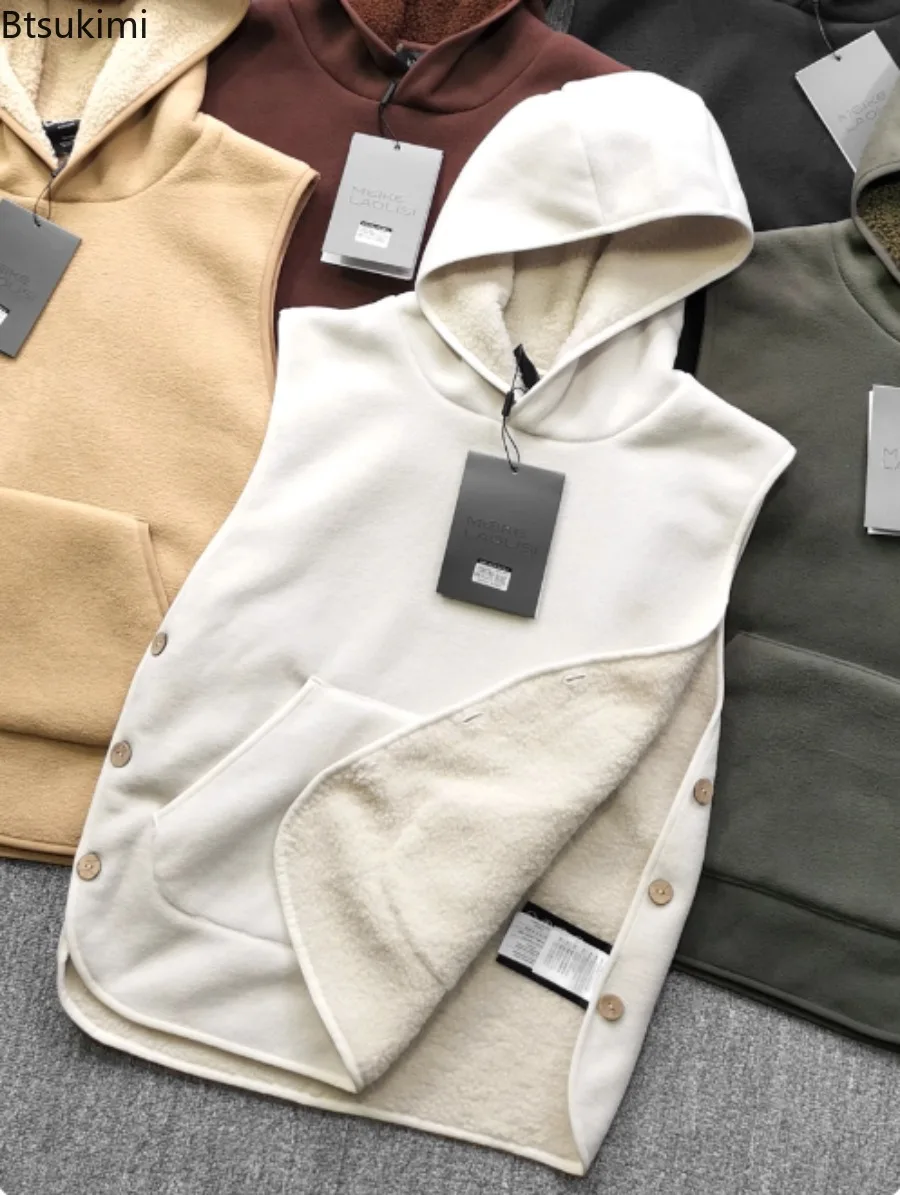 

2025 Winter Men's Sleeveless Vests Soft Comfortable Fleece Thicken Hooded Solid Color Casual Loose Warm Simple Male Waistcoat