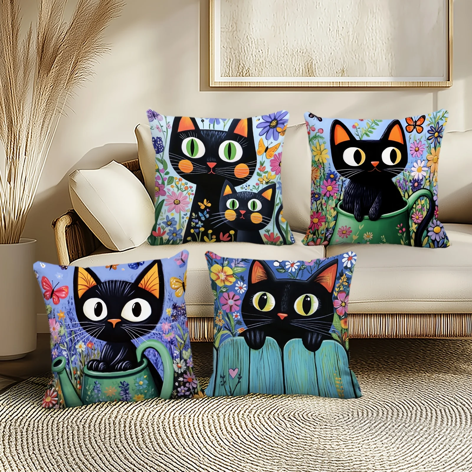 1/4pcs Black Cat Themed Floral Print Pillowcases Sofa cushion cover home bedroom room decoration