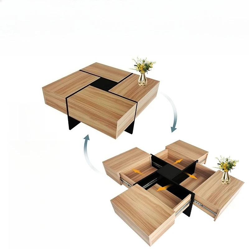 Square expandable coffee table hidden storage coffee holder three-stage sliding guide rail wood veneer decorative board