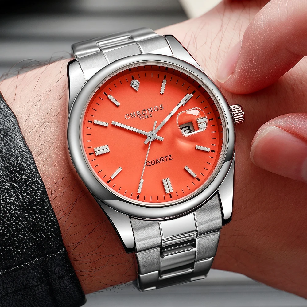 ساعة كرونوس الرياضية الكلاسيكية للرجال ستانلس ستيل مضيئة مع تاريخ فاخر مقاوم للماء كاجوال للأعمال الخارجية كوارتز #3