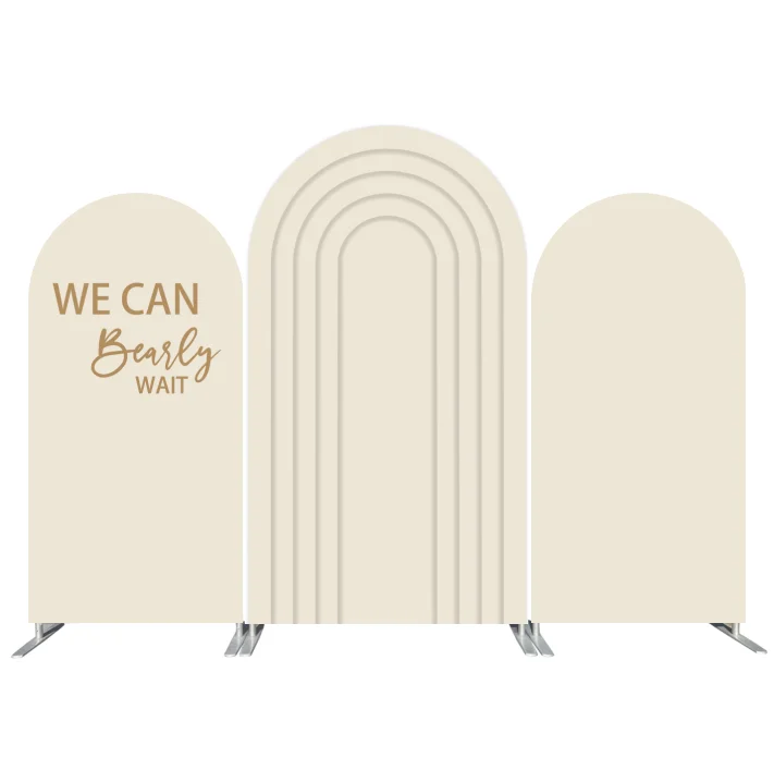 

LS Custom 2-Sided Beige Stripes We Can Bearly Wait Baby Shower Birthday Party Covers Chiara Arch Background Decor Backdrop