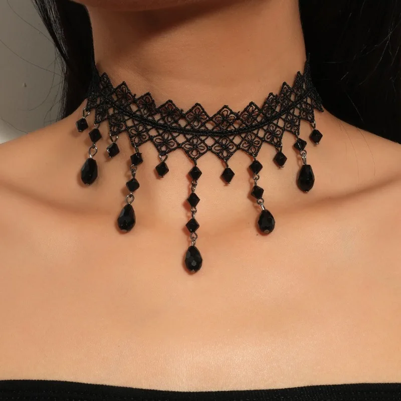 

Gothic Spider Web Lace Black Crystal Tassel Bouncing Sexy Handmade Necklace