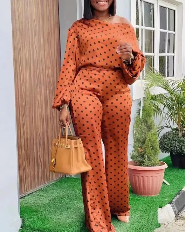 

Casual Polka Dot Print Suit For Women Sexy Off Shoulder Slope Neck Top Straight Trousers Two-piece Set 2024 Autumn Fashion New