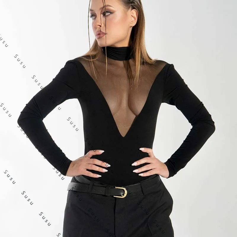

2025 new European and American women's clothing mesh stitching chest perspective sexy trend versatile high elastic long sleeve h