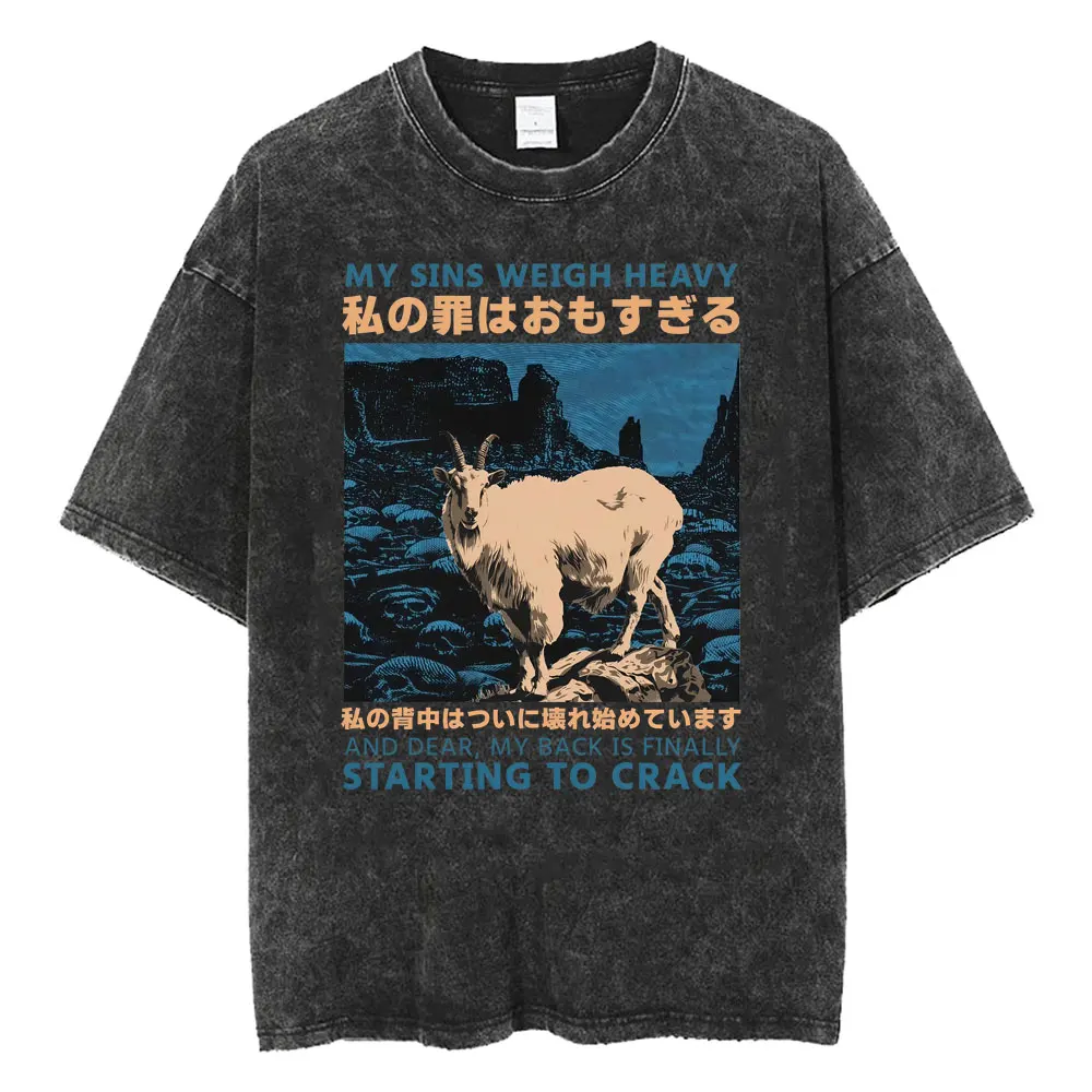 Funny Japanese Gothic Goat Graphic T-shirt My Sins Weigh Heavy Vintage Washed T Shirts Men Women Casual Loose Oversized T-shirts