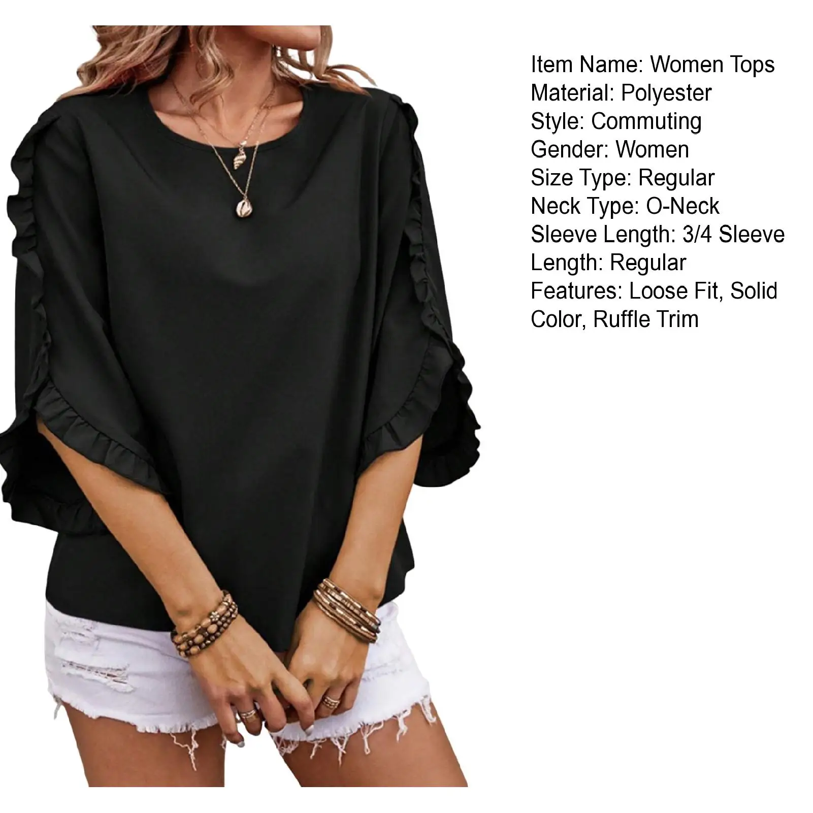 Loose Fit Shirt Stylish Women\'s Summer Tops Petal Sleeve Pleated T-shirt Solid Color Round Neck Blouse Casual for Large