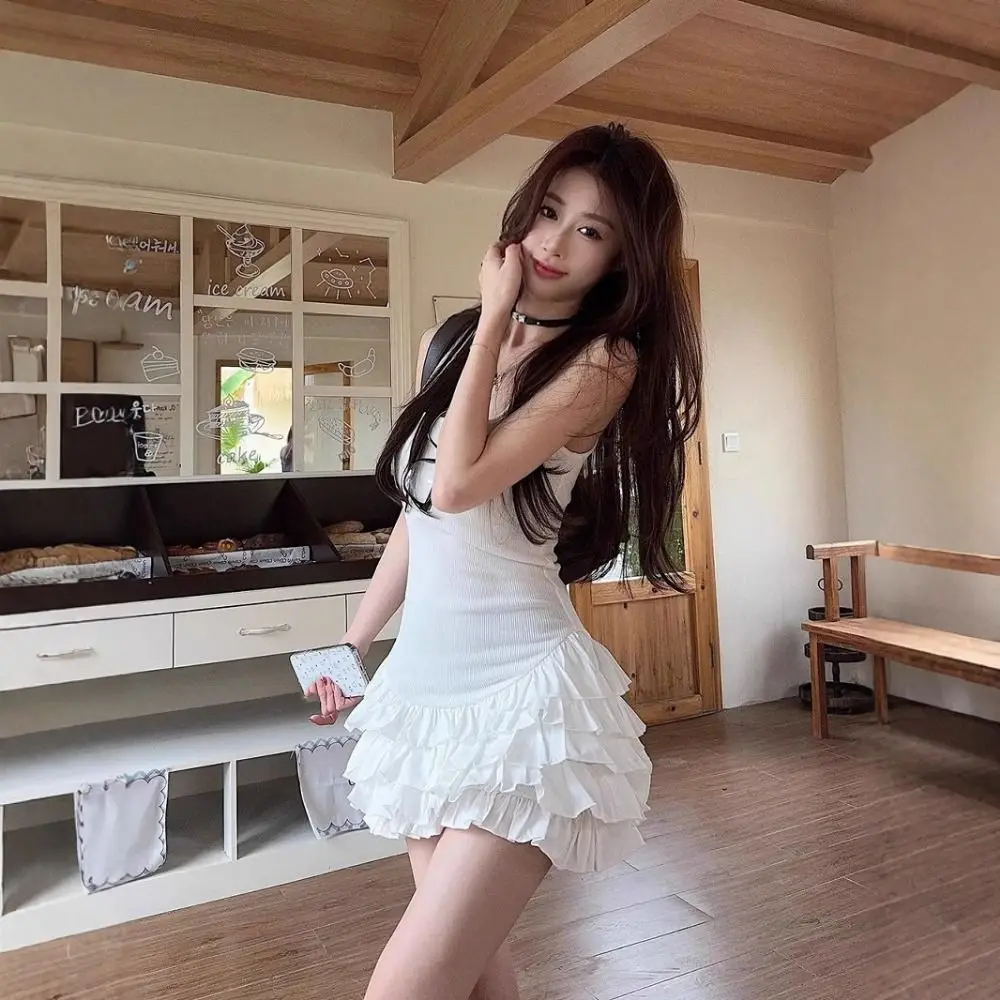 

Slim Fit Square Neckline Dress Ruffle Sleeveless Women Short Skirt Spicy Girl Style Ballet Style Halter Camisole Dress Party