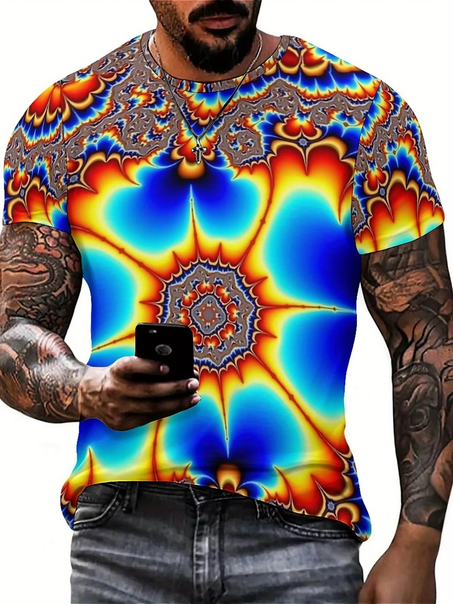 남성용 생기 넘치는 타이 염색 반소매 티셔츠 3D 기하학 프린트, 라운드 넥, 가볍고 통기성이 뛰어나 모든 계절에 적합