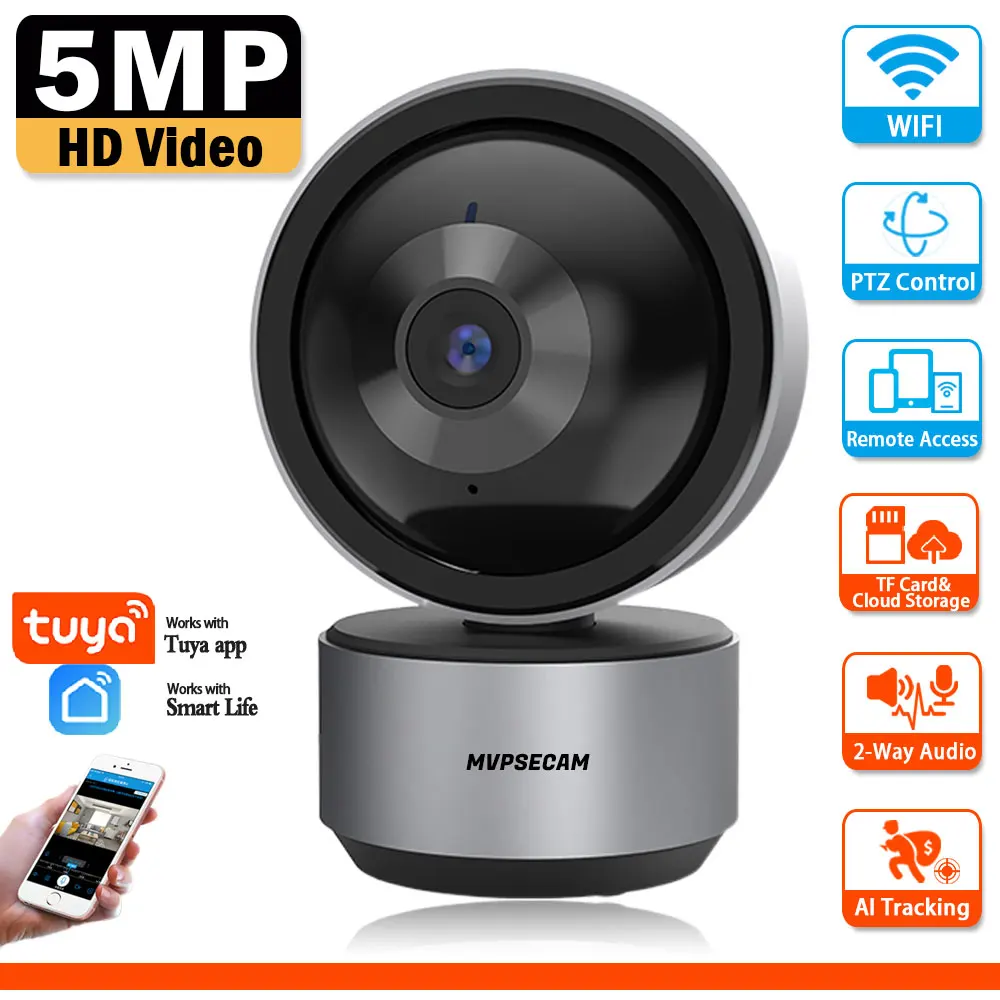 

Tuya Smart Home 5MP Mini PTZ WiFi Surveillance Camera Auto Tracking 2-Way Audio 360° Indoor Security CCTV Cameras Baby Monitor