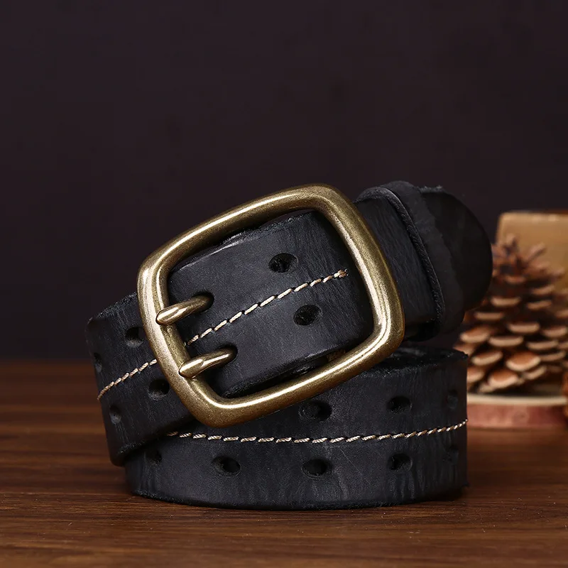 レトロな個性的なトレンドのダブルニードル真鍮バックルベルト-メンズ本革牛革韓国版カジュアルジーンズストラップベルト