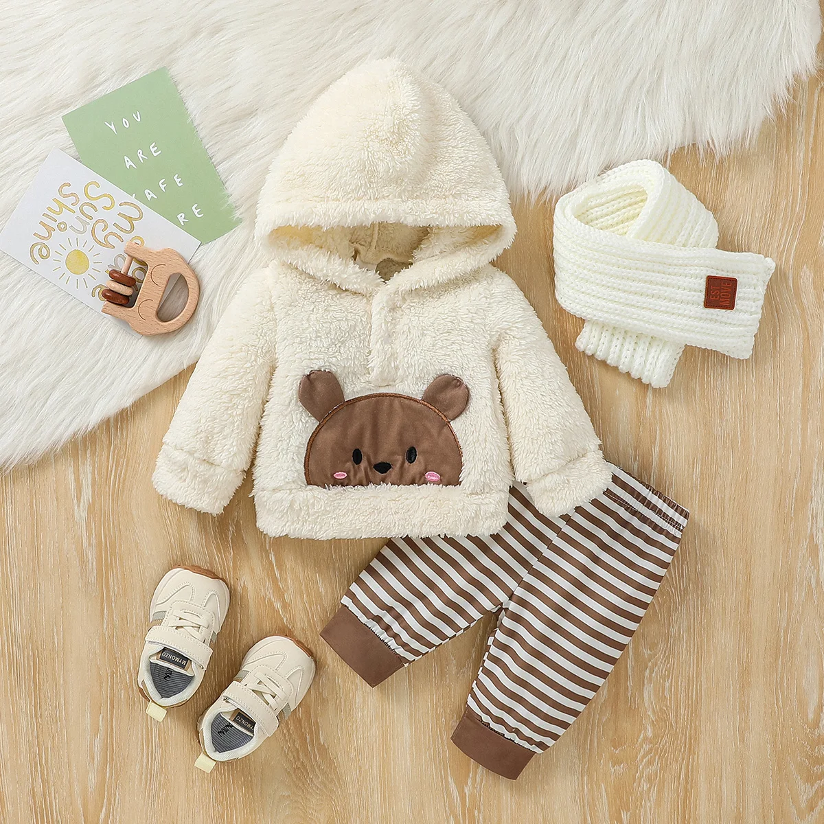 Baby Boys 2Pcs Newborn-6M Winter Long Sleeve Cartoon Bear  Hooded Coat & Striped Trousers Pantsuit Daily Clothing