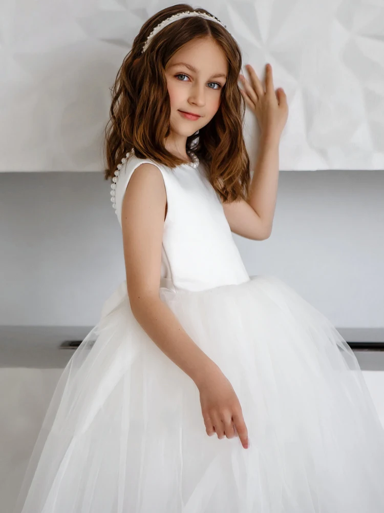 Vestidos de flores blancas para niña, tul con perlas hinchadas, cuello con lazo, sin mangas para boda, fiesta de cumpleaños, banquete, vestidos de princesa