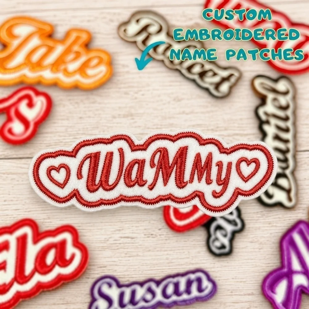 Custom Script Embroidered Name Patch with Heart Ends, Double Outline Iron On Personalized Name Tag for Jacket Backpack Hat