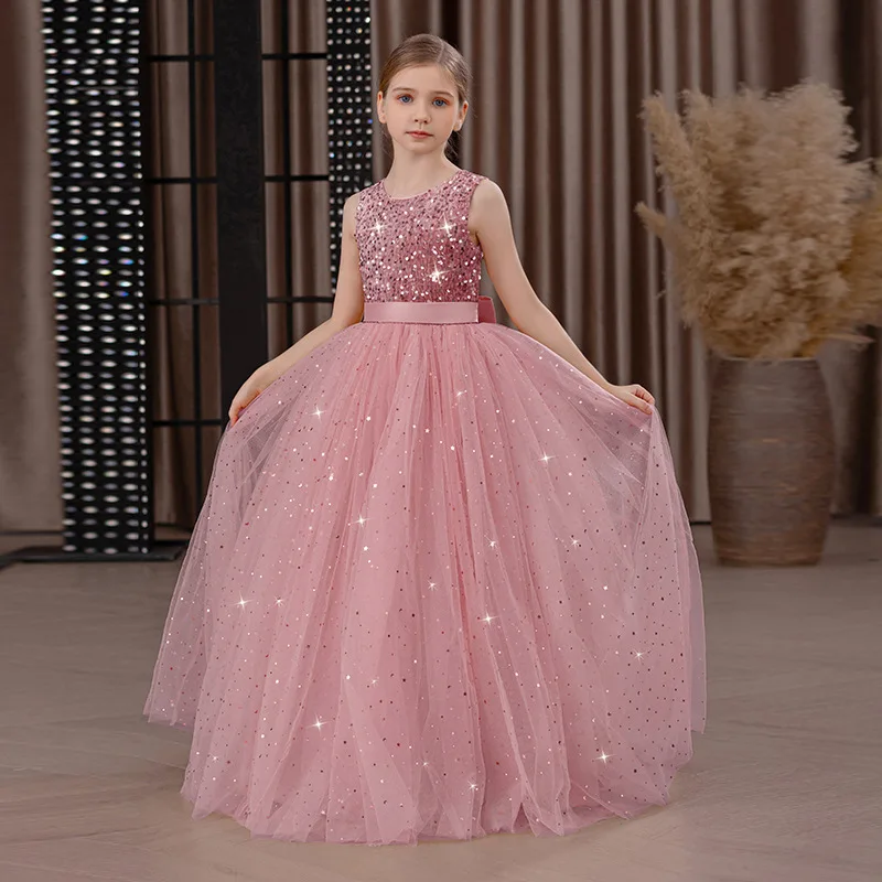 Girls' Long Sparkly Princess Dress – Full Tulle Skirt with Sequin Bodice & Bow, Elegant Flower Girl & Recital Gown for Birthdays