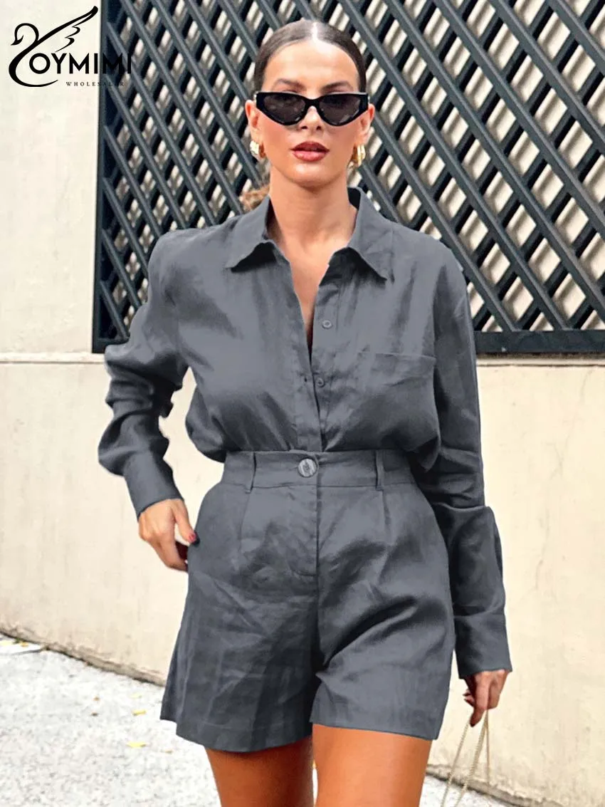 Oymimi Casual Blue Cotton Women 2 Piece Set Outfit Elegant Lapel Long Sleeve Buitton Pockets Shirts And High Waisted Shorts Sets