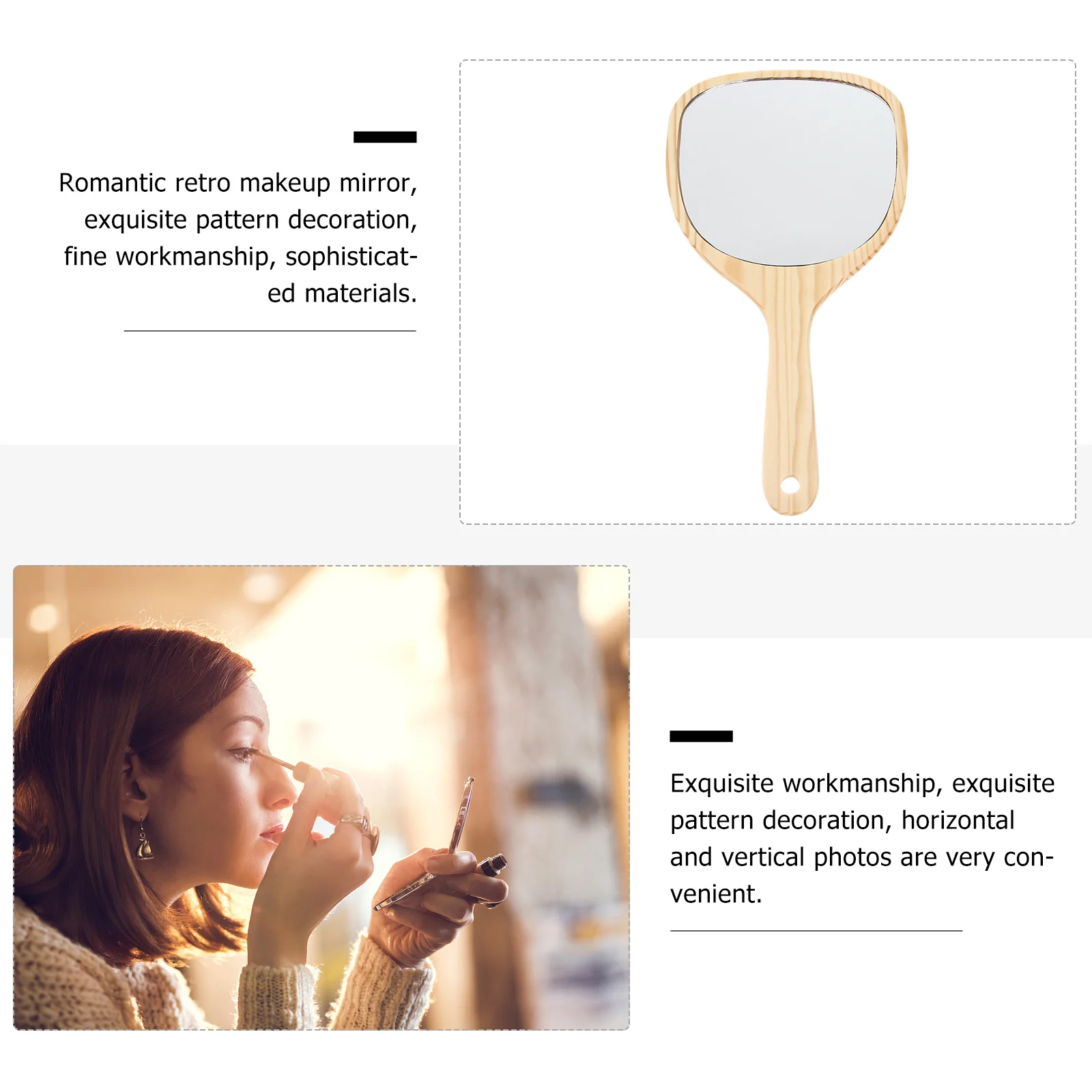 1pc Retro Wooden Handle Mirror Mirror Handheld Makeup Mirror for Women Girls wood mirror handheld mirror