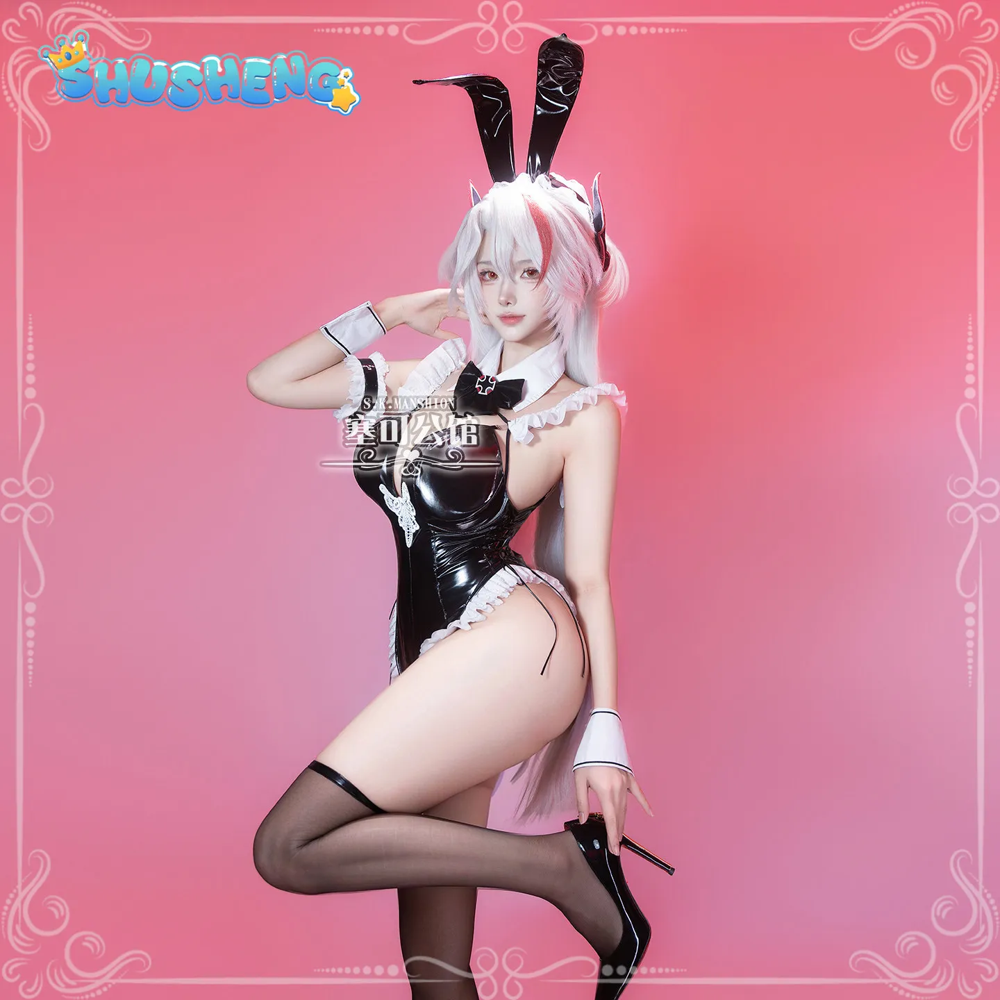 Prinz Eugen Azur Lane KMS Prinz Eugen Cosplay Costume Black sexy leather jumpsuit headwear socks Halloween party bunny girl suit view 3